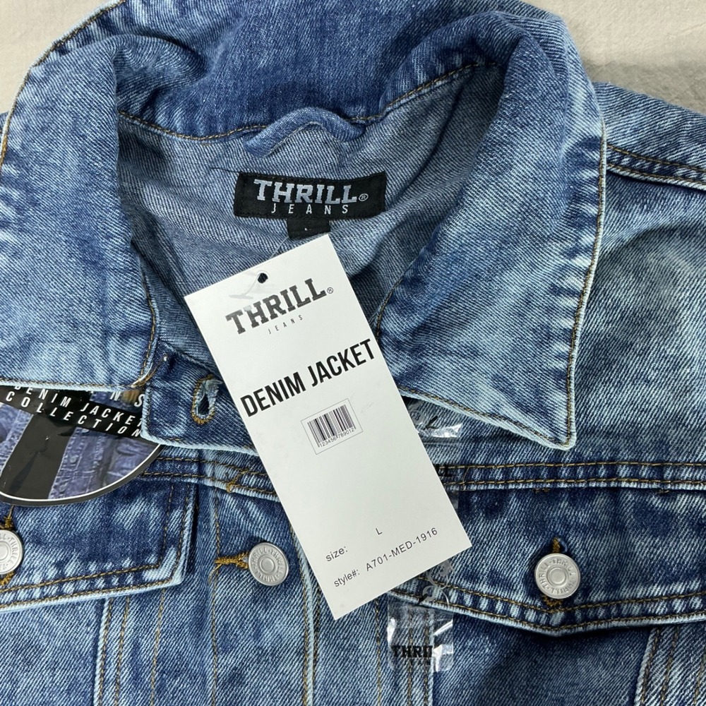 Thrill Jeans Womens Acid Wash Macrame Fringe Denim Jacket Blue Large - Picture 5 of 6